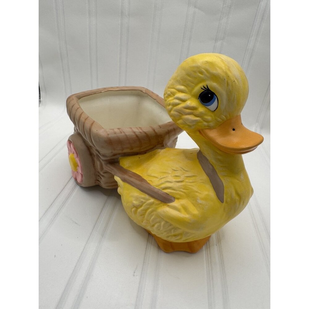 Vintage Anthropomorphic Duck Wagon Planter Kitsch Yellow Brown Succulent Spring
